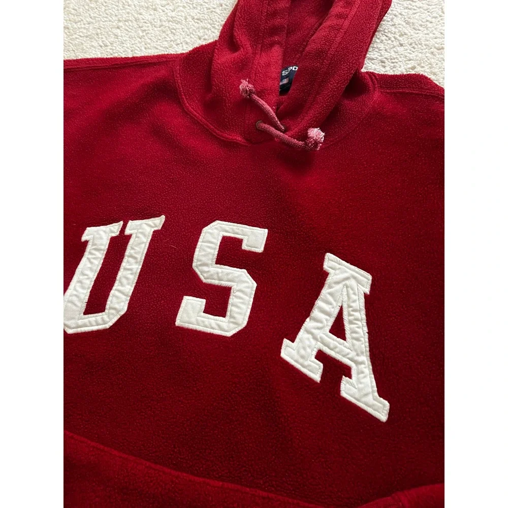Vintage Polo Sport Ralph Lauren USA Fleece Hoodie Red Flag 80's 90's XL